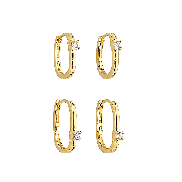 Duo Argolas Oval Zircônia incolor Banho de Ouro 18k