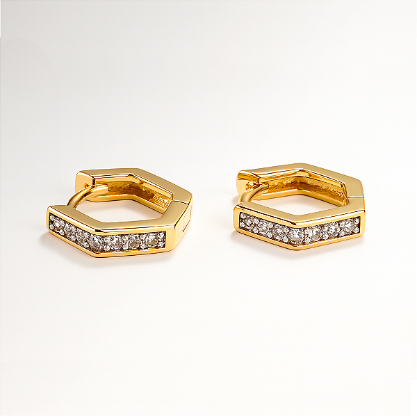 Argola hexagonal 7 zircônias Incolor Ouro 18k