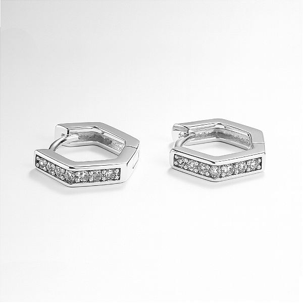 Argola Hexagonal Zircônia Incolor Banho de Ródio Branco