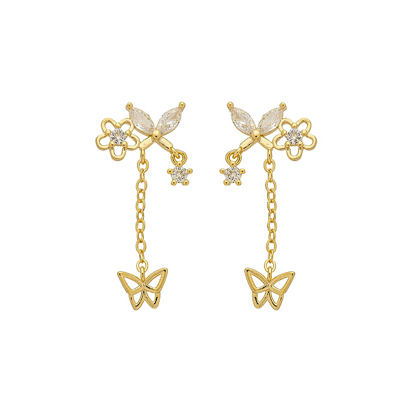 Brinco Borboleta com Flor e Zircônias Incolores Banho de Ouro 18k