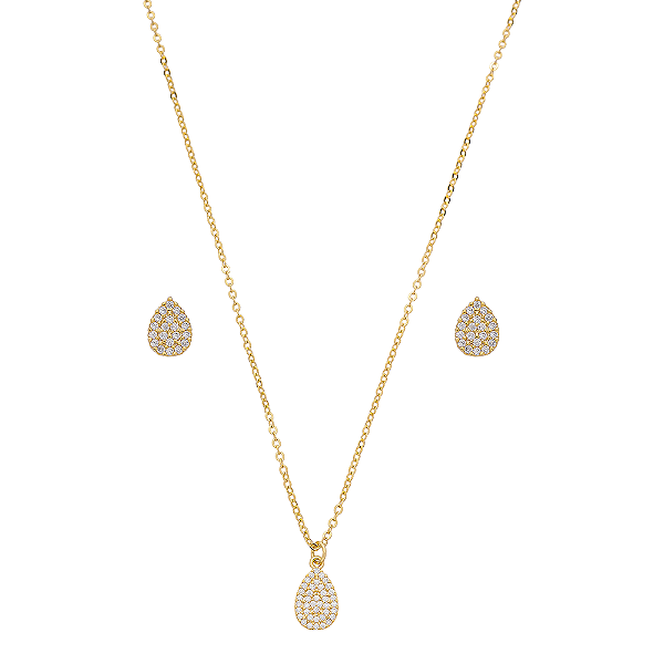 Conjunto Gotas Zircônias Incolor Banho de Ouro 18k