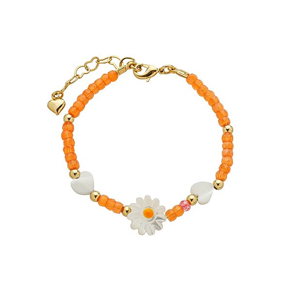 Pulseira Infantil Laranja Margarida Zircônias e Madreperola Banho de Ouro 18k