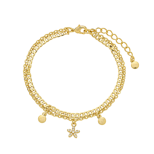 Pulseira Dupla Grumet com Flor e Zircônias Banho de Ouro 18k