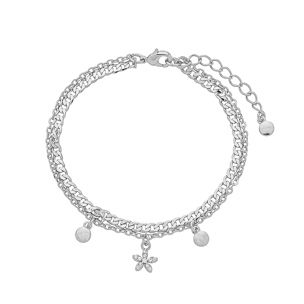 Pulseira Dupla Grumet com Flor e Zircônias Banho de Ródio Branco