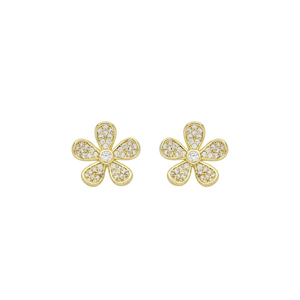 Brinco Flor Cinco Pétalas Cravejadas Banho de Ouro 18k