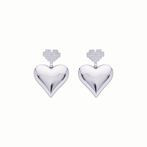 Brinco Coração Duplo Zircônias Incolor Banho de Ródio Branco