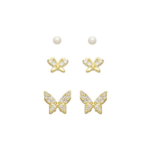 Basiquinhos: Trio Borboletas e Pérola Zircônias Incolor Banho de Ouro 18K