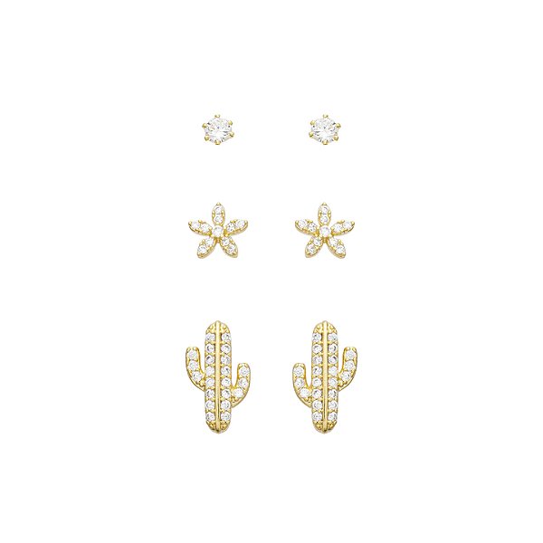 Basiquinhos: Trio Cacto, Flor e Ponto de Luz Banho de Ouro 18K