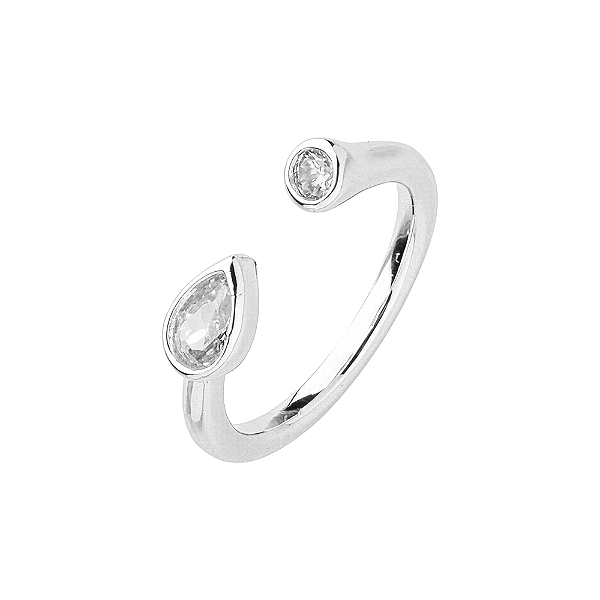 Anel Regulável Gota Zircônias Incolor Banho de Ródio Branco