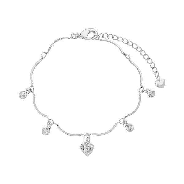 Pulseira Corações e Medalhas Banho de Ródio Branco