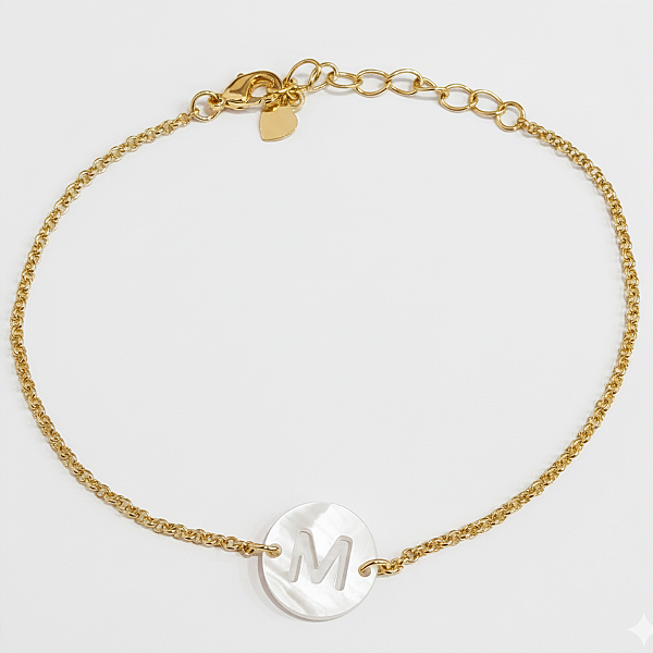 Pulseira de Elos com Inicial em Madrepérola no Banho de Ouro 18k