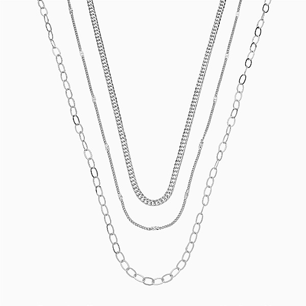 Colar Triplo Correntes Grumet Banho de Ródio Branco