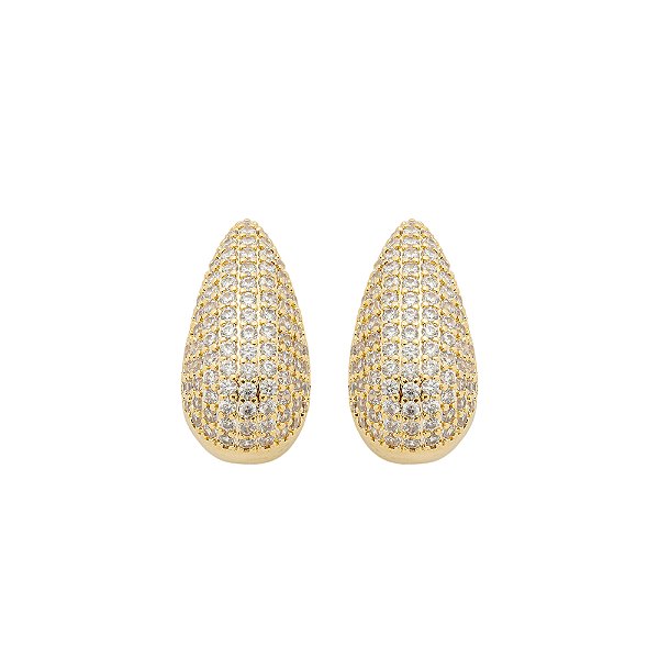 Brinco Gota Cravejada em Zircônias Incolor no Banho de Ouro 18K
