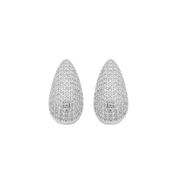 Brinco Gota Cravejada em Zircônias Incolor no Banho de Ródio