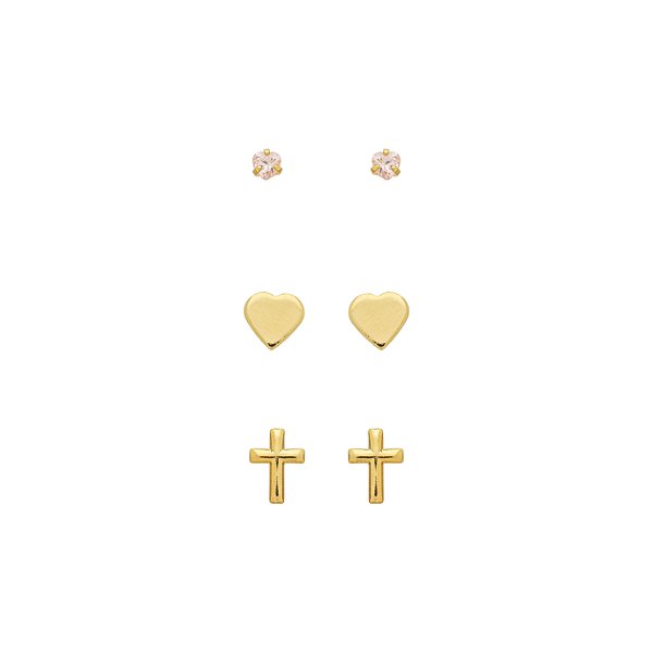 Basiquinhos: Trio Coração, Cruz e Ponto de Luz Rosa Banho de Ouro 18k