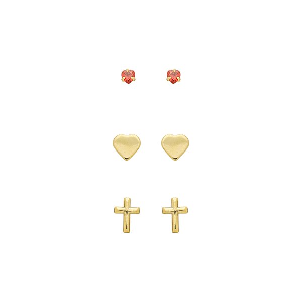 Basiquinhos: Trio Coração, Cruz e Ponto de Luz Rubi Banho de Ouro 18k