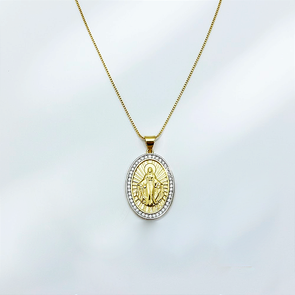 Colar Medalha Nossa Senhora das Graças com Zircônias no Banho de Ouro 18k