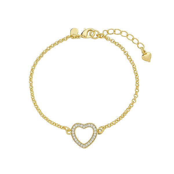 Pulseira Coração Vazado Cravejado em Zircônias Incolor no Banho de Ouro 18K