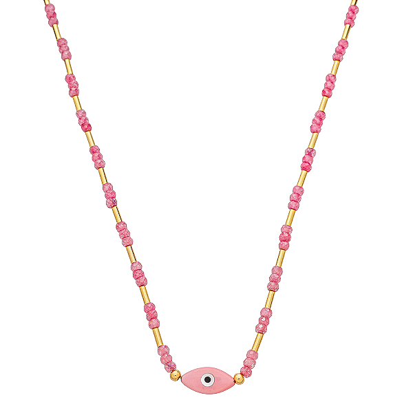 Colar Handmade Olho Grego com Zircônias Lapidas e Canutilhos no Banho de Ouro 18k