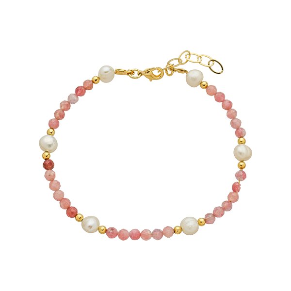 Pulseira Handmade Ágata Rosa com Pérola Natural no Banho de Ouro 18k