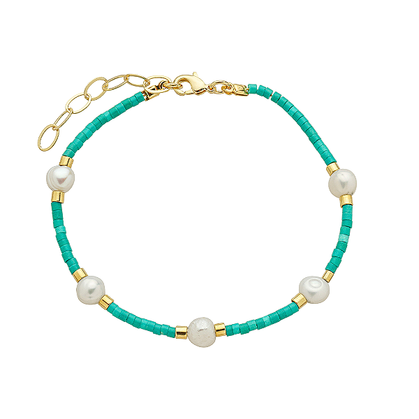 Pulseira Handmade Pérolas Água Doce e Mini Canutilhos Cor Turquesa no Banho de Ouro 18k