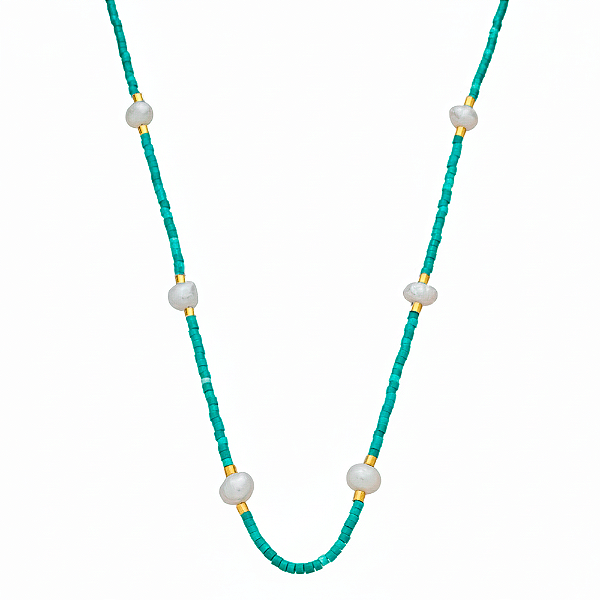 Colar Handmade Pérolas Água Doce e Mini Canutilhos Cor Turquesa no Banho de Ouro 18k