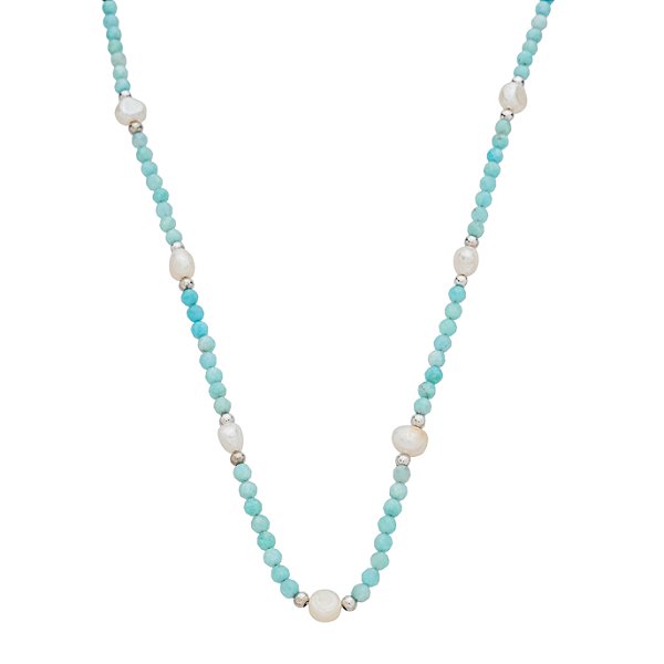Colar Handmade com Pérola de Água Doce e Amazonita no Banho de Ródio Branco