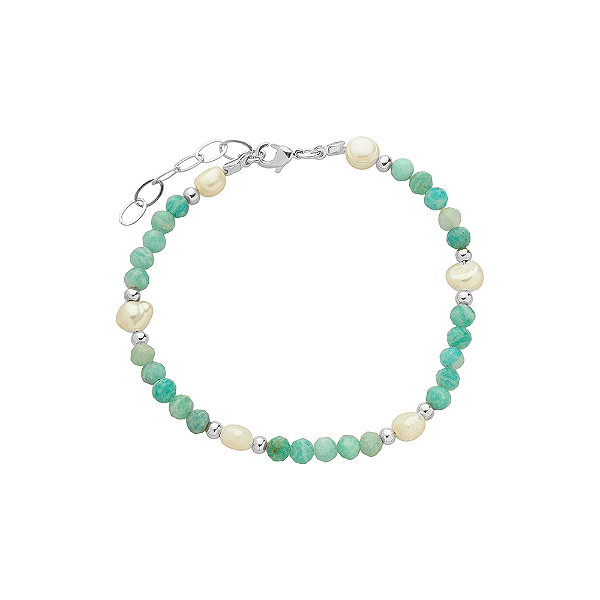 Pulseira Handmade com Pérola de Água Doce e Amazonita no Banho de Ródio Branco