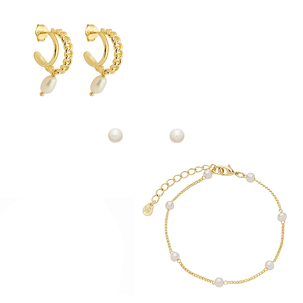 Kit Pulseira + Argola Dupla + Brinco de Pérola Banho de Ouro 18k