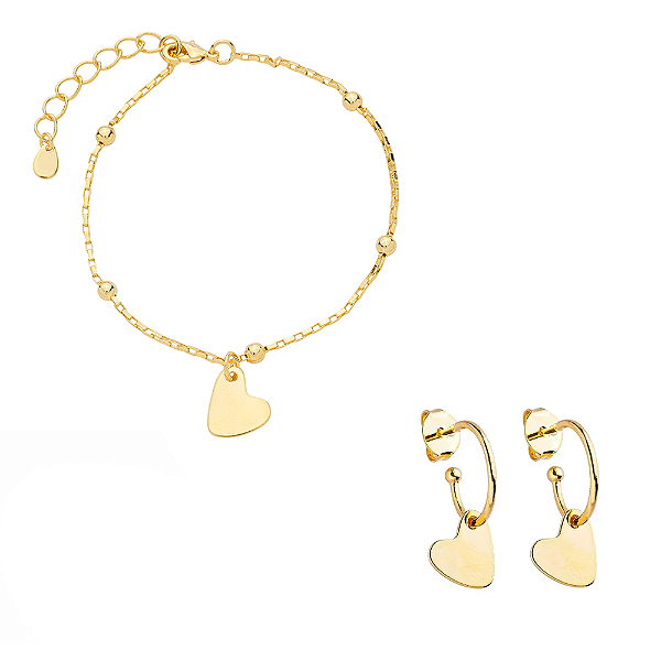Kit Argola + Pulseira de Coração Banho de Ouro 18k