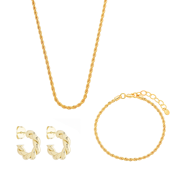 Kit Argola Torcida + Colar + Pulseira Cordão Baiano Banho de Ouro 18k