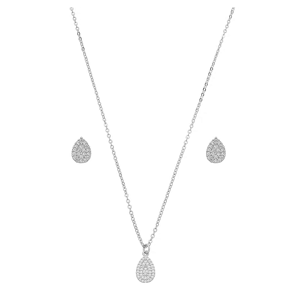 Conjunto Gotas Zircônias Incolor Banho de Ródio Branco
