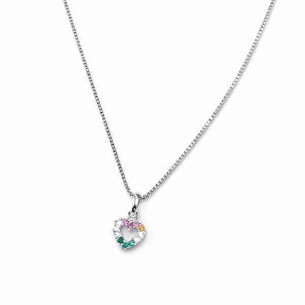 Colar Coração Zircônias Coloridas Banho de Ródio Branco