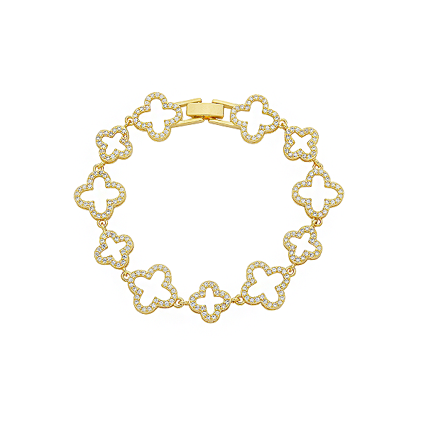 Pulseira Trevo e Elos com Zircônias Cravejadas no Banho de Ouro 18k