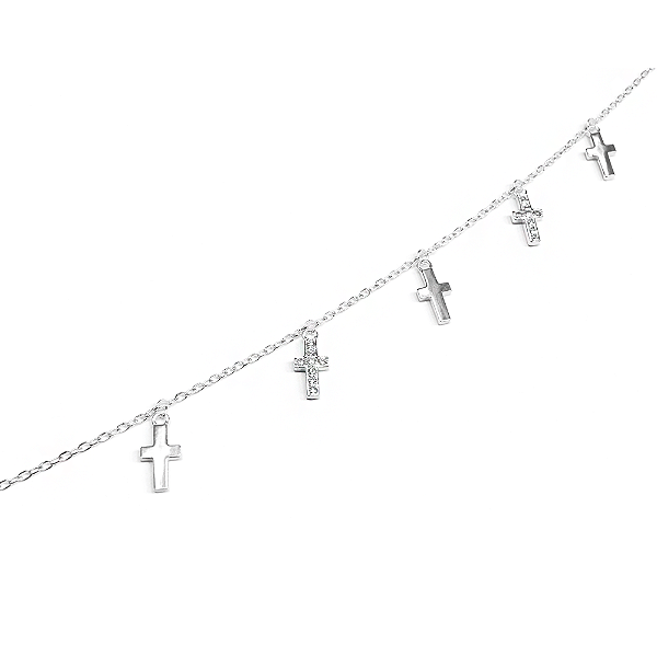 Pulseira Prata 925 com Pingentes de Cruz e Zircônias