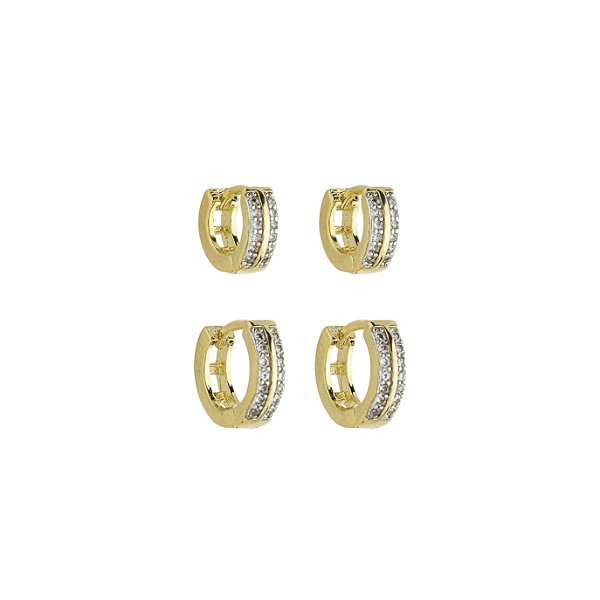 Duo Argola Duas Linhas com Zircônias em Banho de Ouro 18K