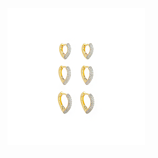 Basiquinhos Argolas Corações e Zircônias Incolor no Banho de Ouro 18k