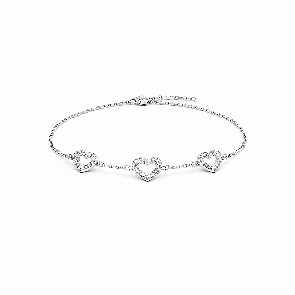 Pulseira Corações Vazados com Zircônias Incolores em Prata 925