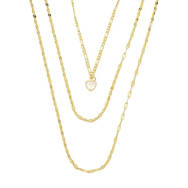 Colar Triplo Elos Grumet e Ponto de Luz Coração no Banho de Ouro 10K