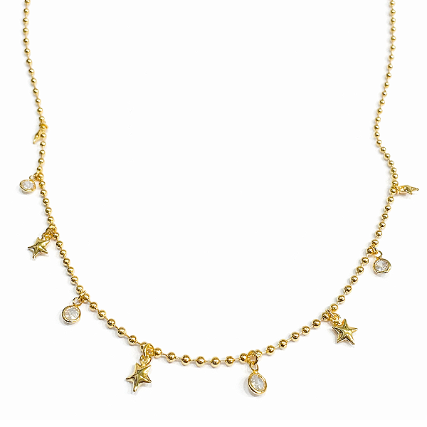 Colar Mini Esferas com Estrelas e Zircônias no Banho de Ouro 18K