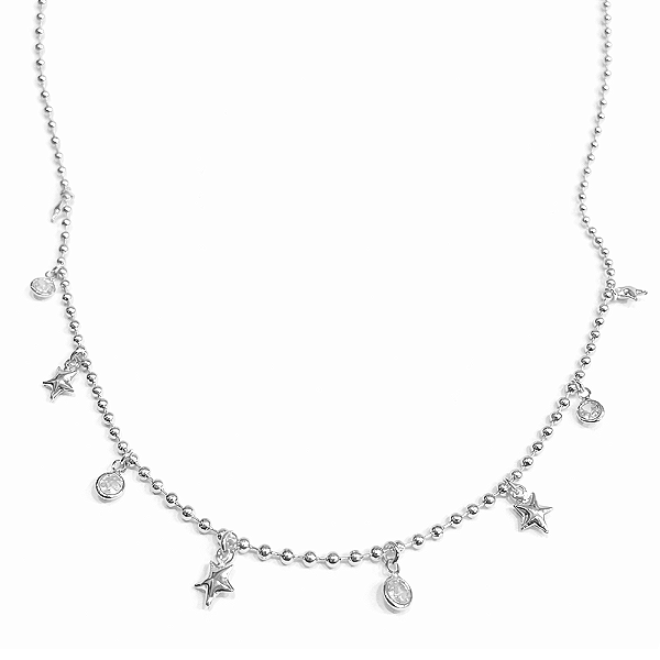Colar Mini Esferas com Estrelas e Zircônias no Ródio Branco