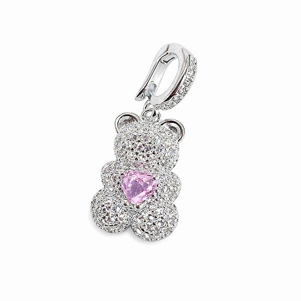 Pingente Ursinho com Zircônias e Coração Rosa em Prata 925