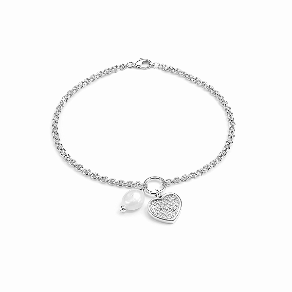 Pulseira com Pingente de Coração e Pérola de Água Doce no Banho de Ródio Branco