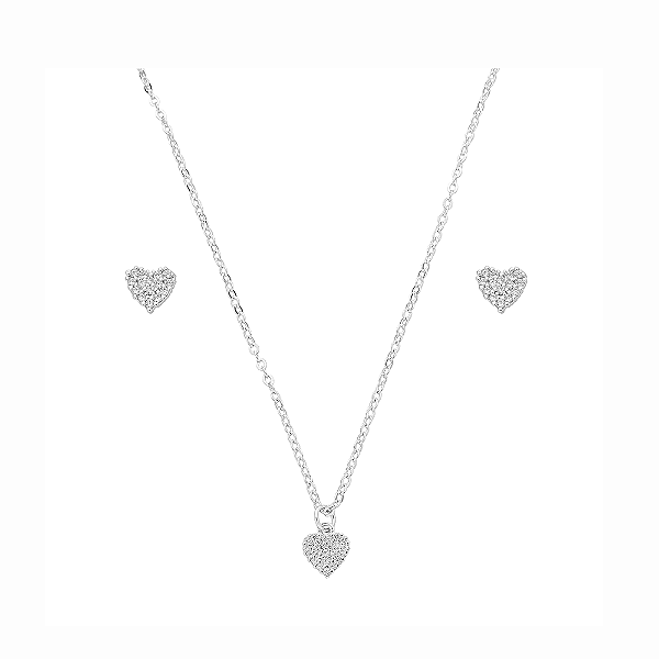 Conjunto Coração Zircônias Incolor Banho de Ródio Branco
