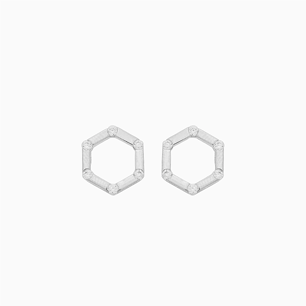Brinco Hexagonal Vazado com Zircônias no Banho de Ródio Branco