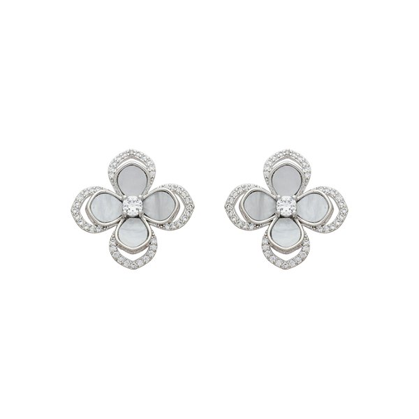 Brinco Flor Quatro Pétalas Madrepérola no Banho de Ródio