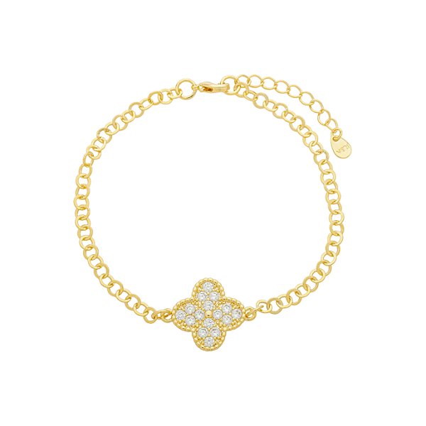 Pulseira Elos Portugueses Trevo Cravejado Banho de Ouro 18k