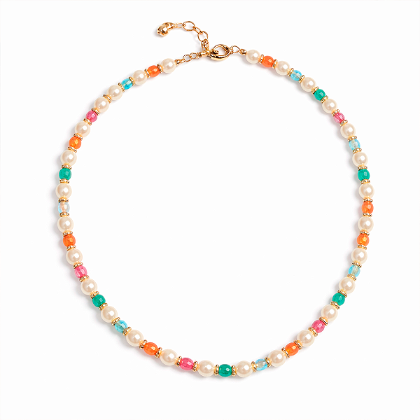 Colar Infantil de Pérolas com Zircônias Coloridas e Detalhes no Banho de Ouro 18k