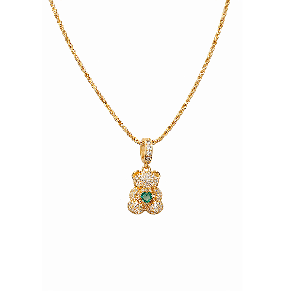 Conjunto Colar Cordão Baiano + Pingente Urso Verde Banho de Ouro 18k