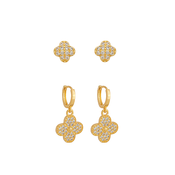 Duo Mini Argola de Trevo com Zircônias Incolor